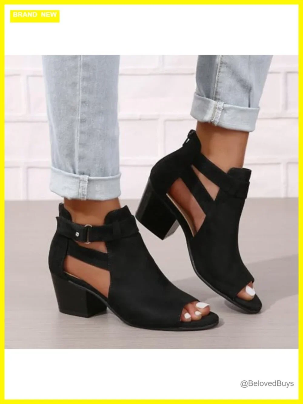 Peep Toe Ankle Booties Chunky Heels Cutout Back Zipper Sandals Suede Side Ankle